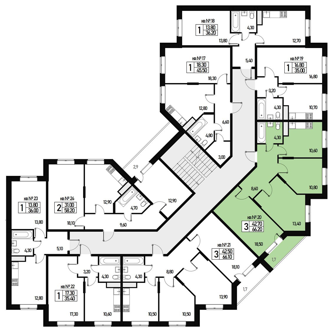 Трехкомнатная квартира 66 м² №20 улица Генерала Донскова, дом 23, корпус 3  купить по цене 9863800 от застройщика в ЖК Борисоглебское деревня Зверево